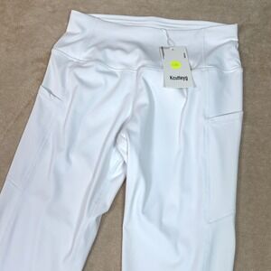 Kcutteyg Women White High Waisted Athletic Leggings with Pockets Size Medium NEW